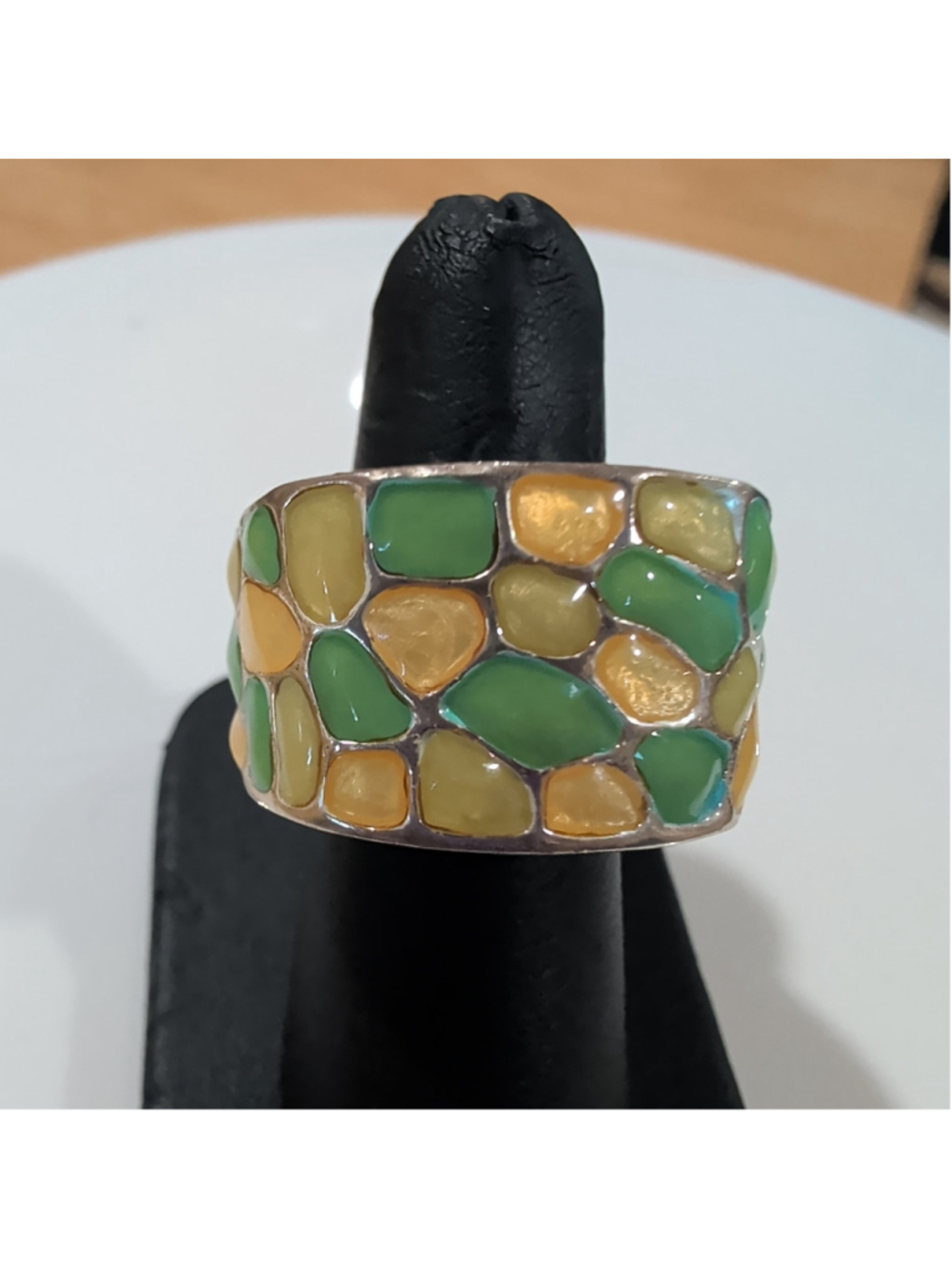 BCBGMAXAZRIA Women's Ring Green Yellow Enamel Size 7.25